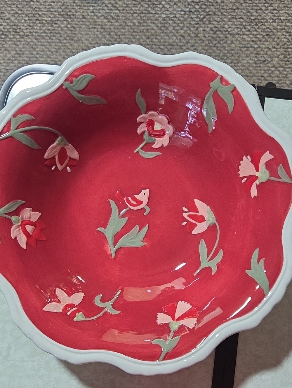 Fitz and Floyd Red Floral Scalloped Serving Bowl